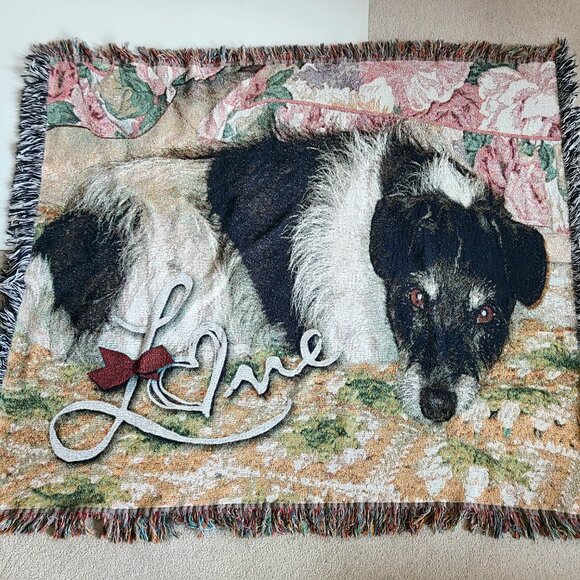 Woven blanket throw Afghan with dog. ''Love'' - Picture 1 of 9